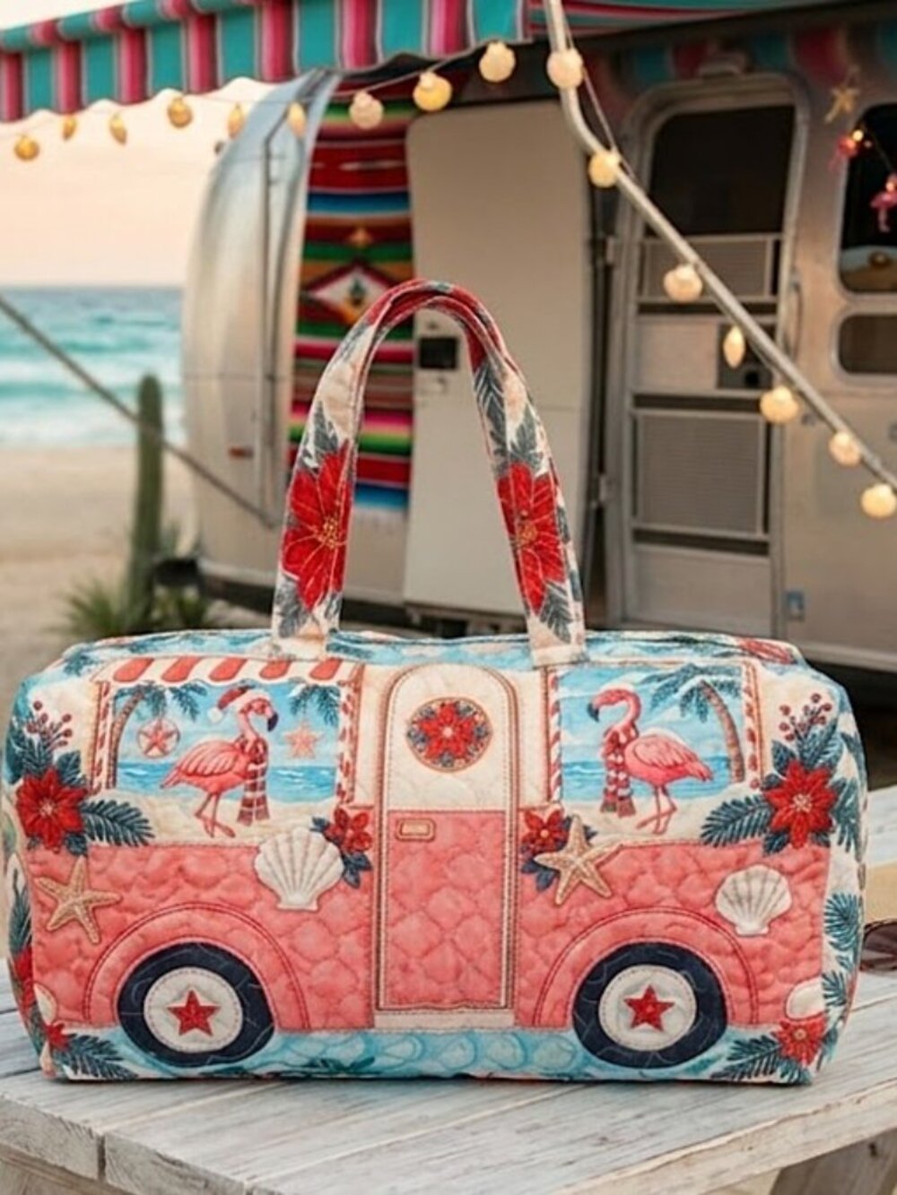 Festive Retro Pink Flamingo Beach Camper Travel Weekender Quilted Duffel Bag
